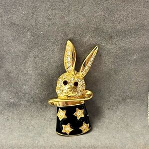Signed KJL Kenneth Jay Lane Gold and Black Magic Rabbit Brooch vintage 90s glam